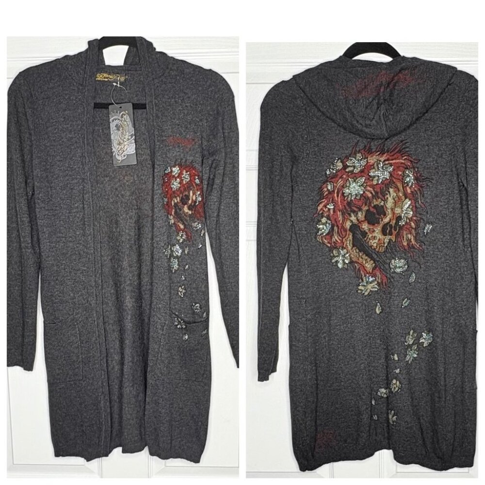NWT Vintage Y2K Ed Hardy  By Christian Audigier Long Hooded Cardigan